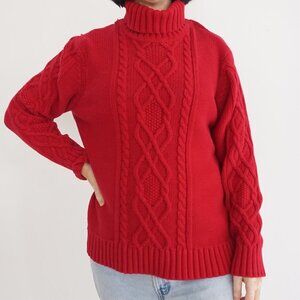 Eddie Bauer Red Knit Cotton Blend Cable Knit Fisherman Turtleneck Sweater Xl